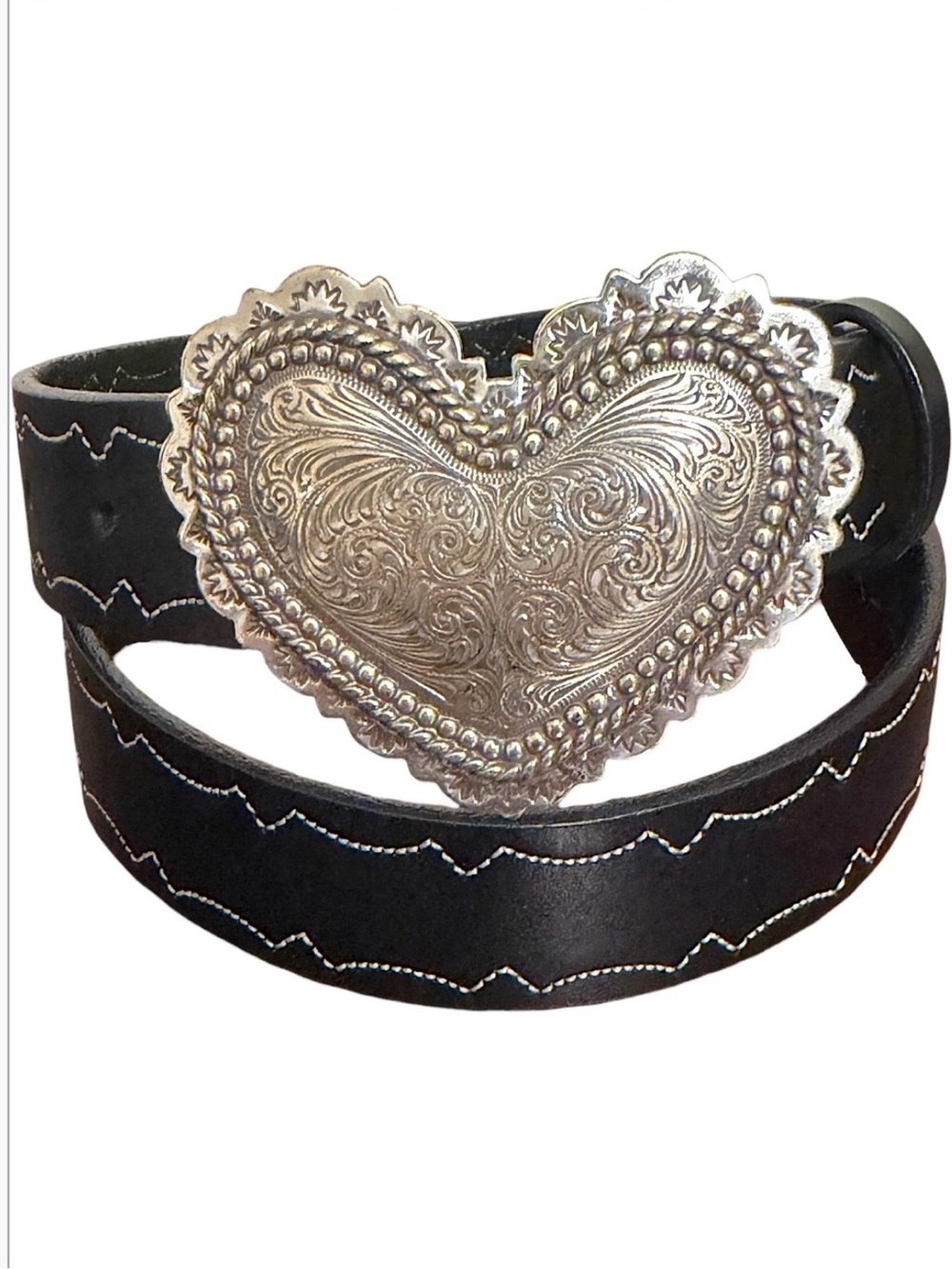 Brighton Black Leather Belt Silver Engraved Filigree Heart Buckle Stitching - Picture 2 of 9